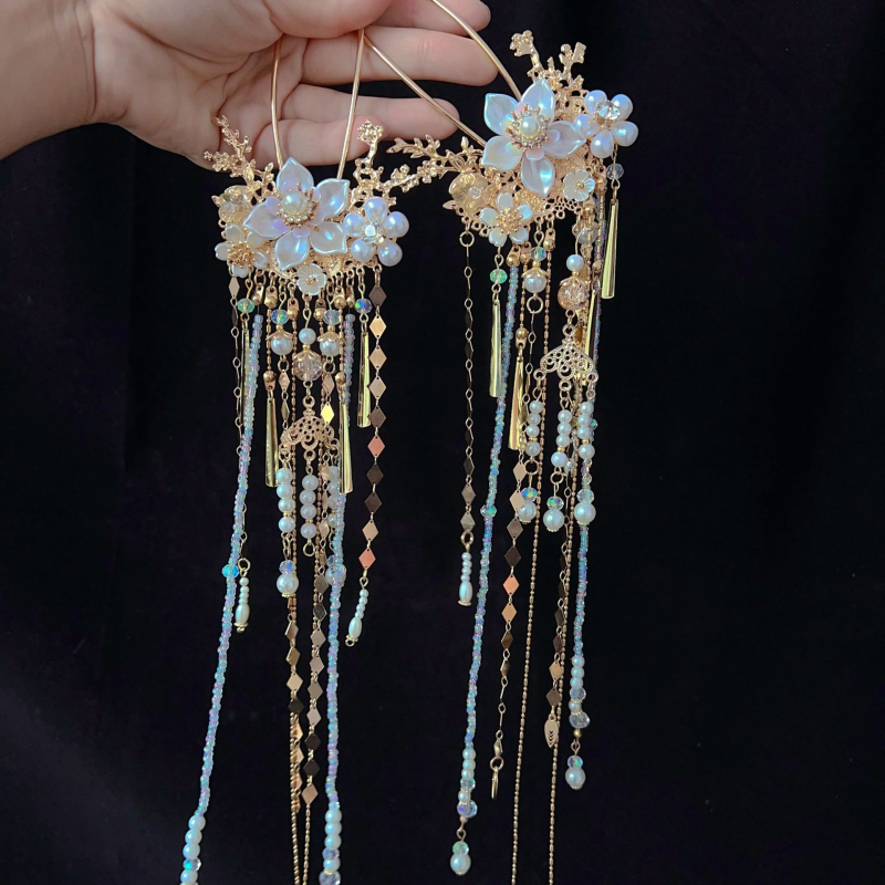 Accesoriu pentru păr cu ciucuri de perle, stil vintage, detalii florale, mărgele de sticlă, accesorii pentru cap, lansat în primăvara 2024