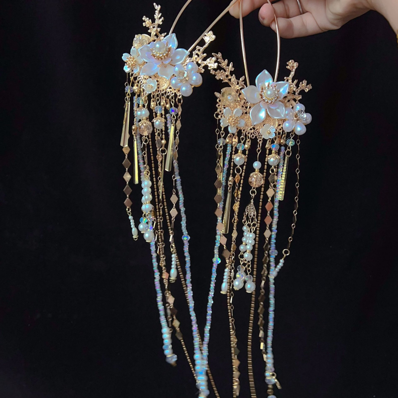 Accesoriu pentru păr cu ciucuri de perle, stil vintage, detalii florale, mărgele de sticlă, accesorii pentru cap, lansat în primăvara 2024