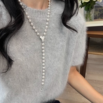 Colier cu perle artificiale, pandantiv din mother-of-pearl, închizătoare în formă de dovleac, lanț lung cu perle, 61-70 cm, electroplacare