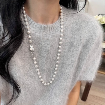 Colier cu perle artificiale, pandantiv din mother-of-pearl, închizătoare în formă de dovleac, lanț lung cu perle, 61-70 cm, electroplacare