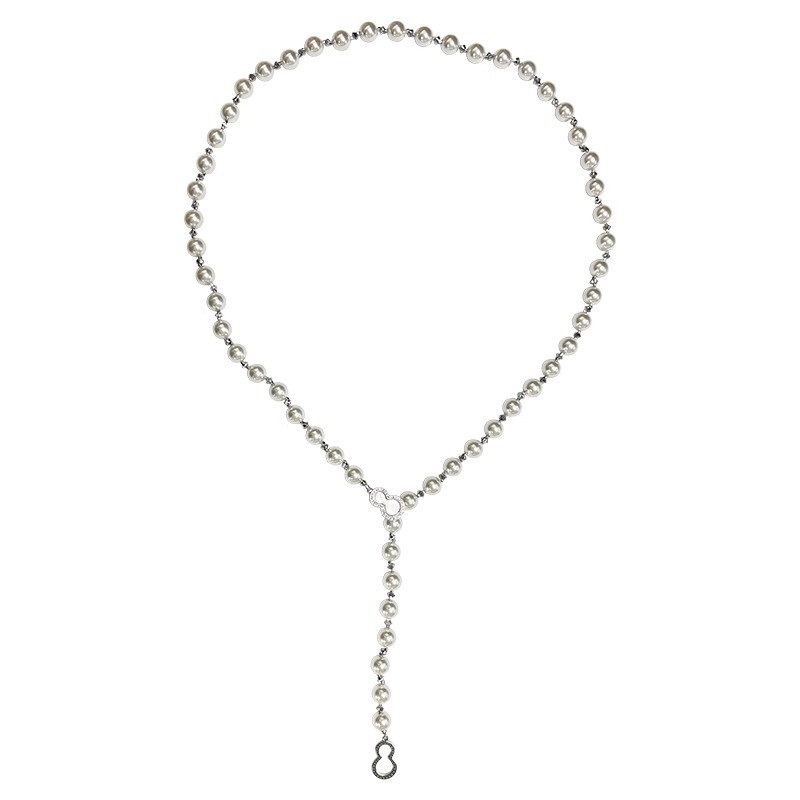 Colier cu perle artificiale, pandantiv din mother-of-pearl, închizătoare în formă de dovleac, lanț lung cu perle, 61-70 cm, electroplacare