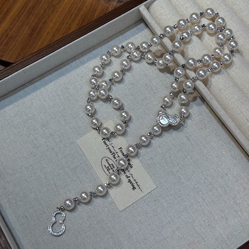 Colier cu perle artificiale, pandantiv din mother-of-pearl, închizătoare în formă de dovleac, lanț lung cu perle, 61-70 cm, electroplacare