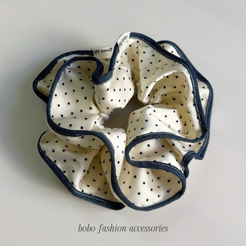 Elastic de păr cu margine buline și ornament floral - stil coreean, lucrat manual, elasticitate înaltă