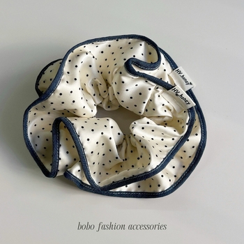 Elastic de păr cu margine buline și ornament floral - stil coreean, lucrat manual, elasticitate înaltă