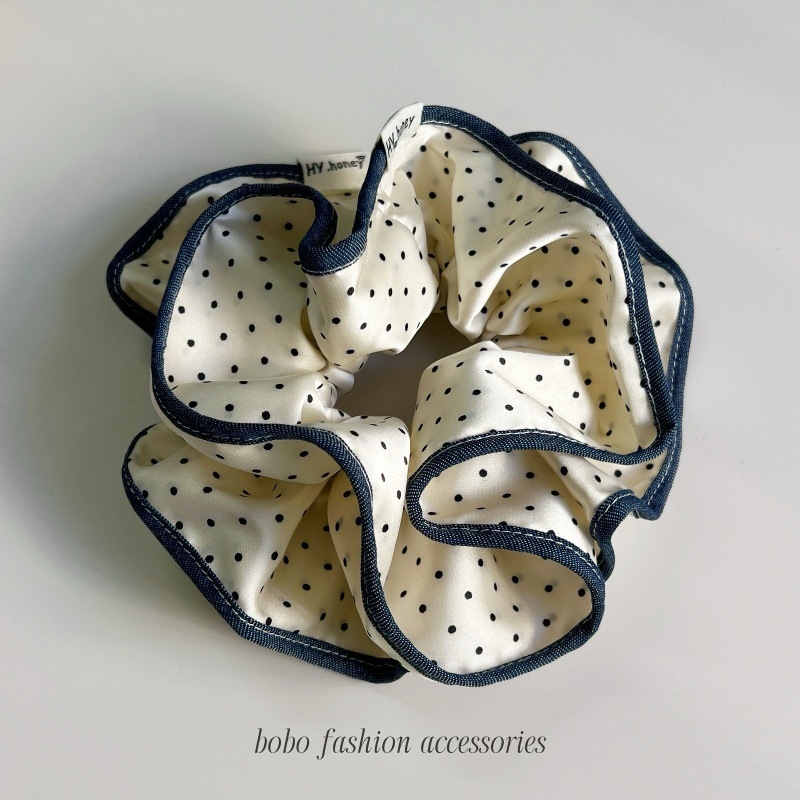 Elastic de păr cu margine buline și ornament floral - stil coreean, lucrat manual, elasticitate înaltă