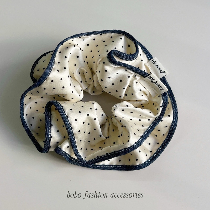 Elastic de păr cu margine buline și ornament floral - stil coreean, lucrat manual, elasticitate înaltă