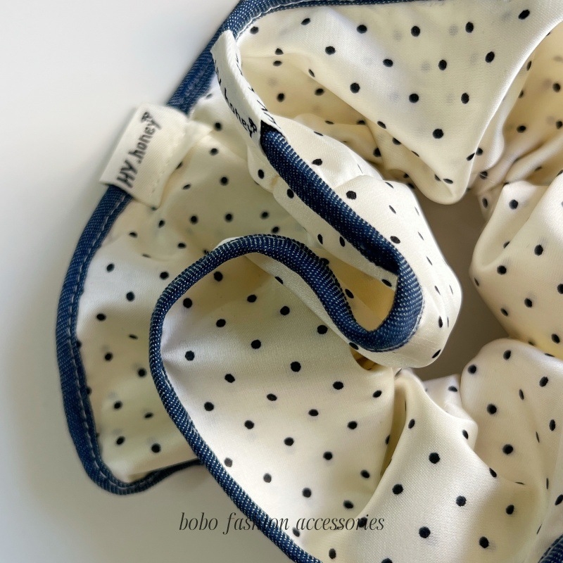 Elastic de păr cu margine buline și ornament floral - stil coreean, lucrat manual, elasticitate înaltă