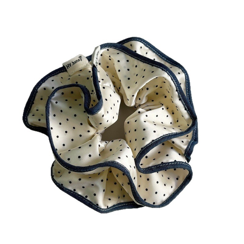 Elastic de păr cu margine buline și ornament floral - stil coreean, lucrat manual, elasticitate înaltă