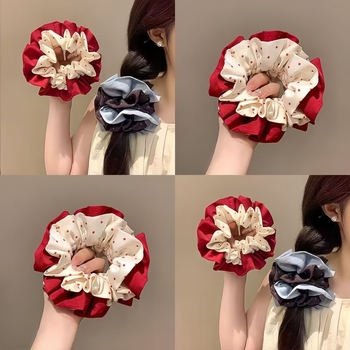 Scrunchie pentru păr, stil coreean cu buline, material textil, manufactură manuală, elasticitate ridicată (Origine: Yiwu)