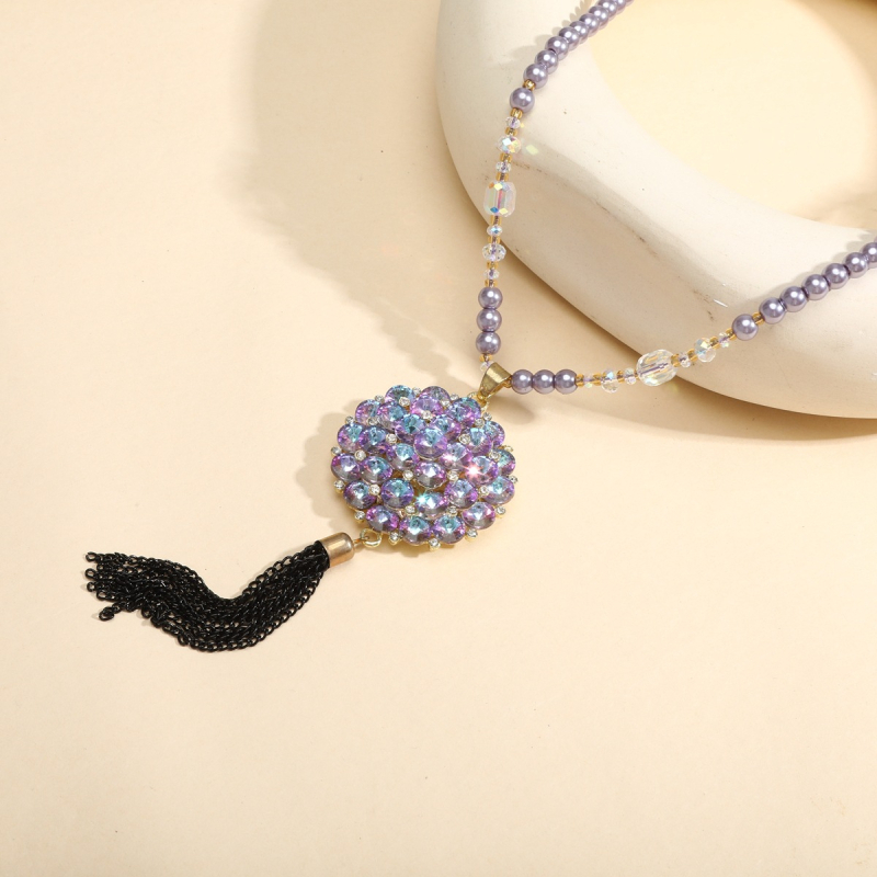 Ilgs džemperu kaklarota no sakausējuma, sievietēm vintage stils, rūtainais raksts, lodīšu ķēde, mākslīgais kristāls kulons, apstrāde un personalizācija pieejama