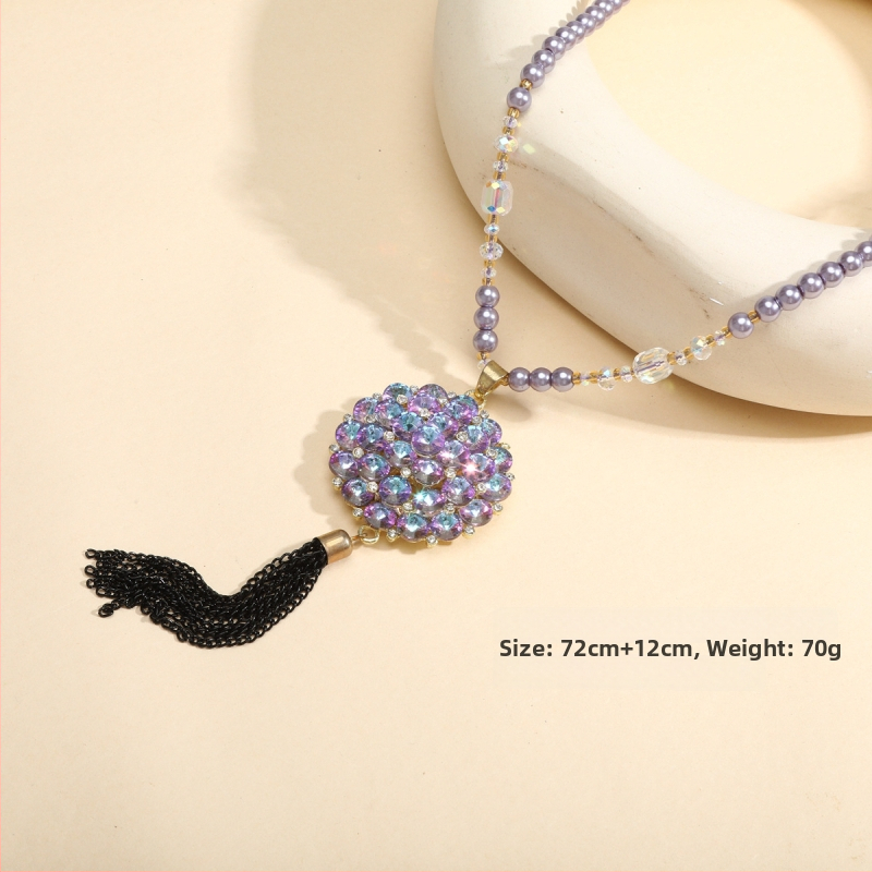 Ilgs džemperu kaklarota no sakausējuma, sievietēm vintage stils, rūtainais raksts, lodīšu ķēde, mākslīgais kristāls kulons, apstrāde un personalizācija pieejama