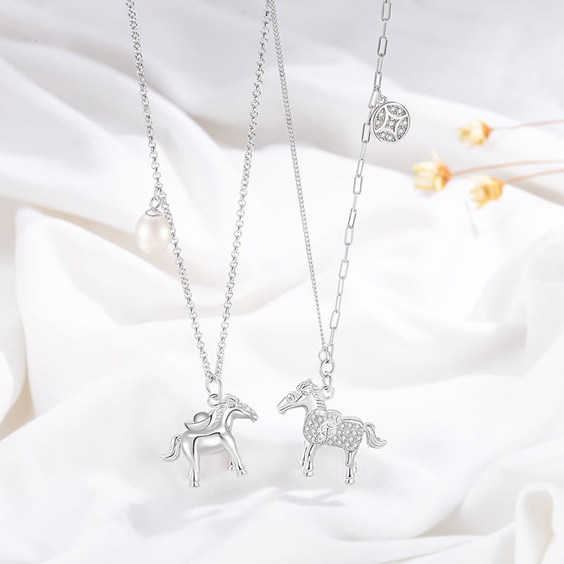 Ilga džemperu ķēde kaklarota no 925 sudraba ar zodiaka zirga motīvu, krustveida ķēde, pendants ar 5A cirkonu