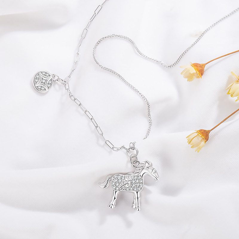 Ilga džemperu ķēde kaklarota no 925 sudraba ar zodiaka zirga motīvu, krustveida ķēde, pendants ar 5A cirkonu