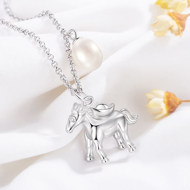 Ilga džemperu ķēde kaklarota no 925 sudraba ar zodiaka zirga motīvu, krustveida ķēde, pendants ar 5A cirkonu