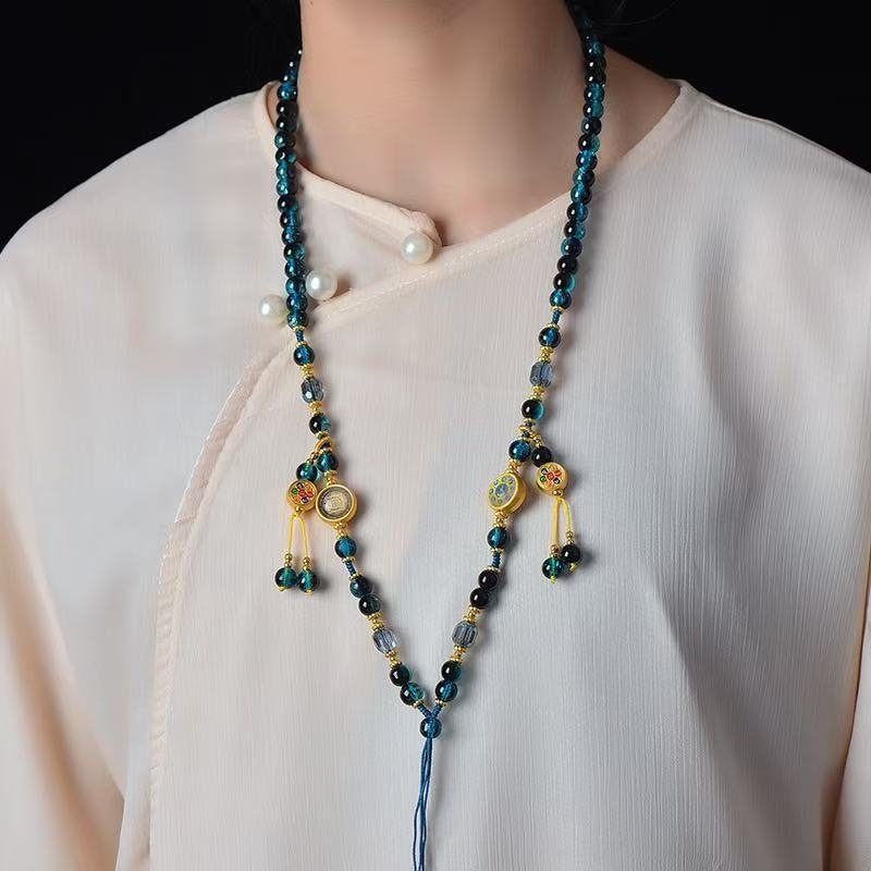 Colier cu mărgele de sticlă și lazurit, pandantiv Thangka, șir din sfoară tricotat manual, design original, brand Xuan shengyu, Primăvara 2025