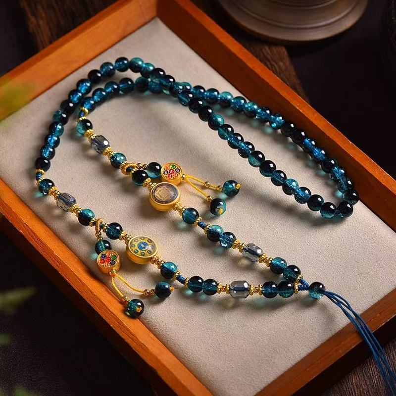 Colier cu mărgele de sticlă și lazurit, pandantiv Thangka, șir din sfoară tricotat manual, design original, brand Xuan shengyu, Primăvara 2025