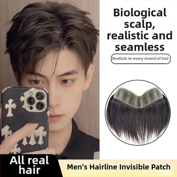 Férfi hajvonal paróka valós emberi hajból, teljesen kézzel készített, M-formájú homlok, egyenes vagy ferde frufru