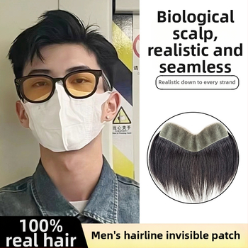 Férfi hajvonal paróka valós emberi hajból, teljesen kézzel készített, M-formájú homlok, egyenes vagy ferde frufru