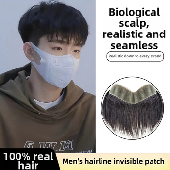 Férfi hajvonal paróka valós emberi hajból, teljesen kézzel készített, M-formájú homlok, egyenes vagy ferde frufru