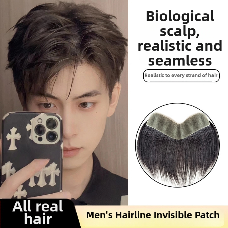 Vīriešu parūka matu līnijai ar īstiem cilvēka matiem, pilnībā roku adīta, M-formas pieres, taisni vai slīpi bangs