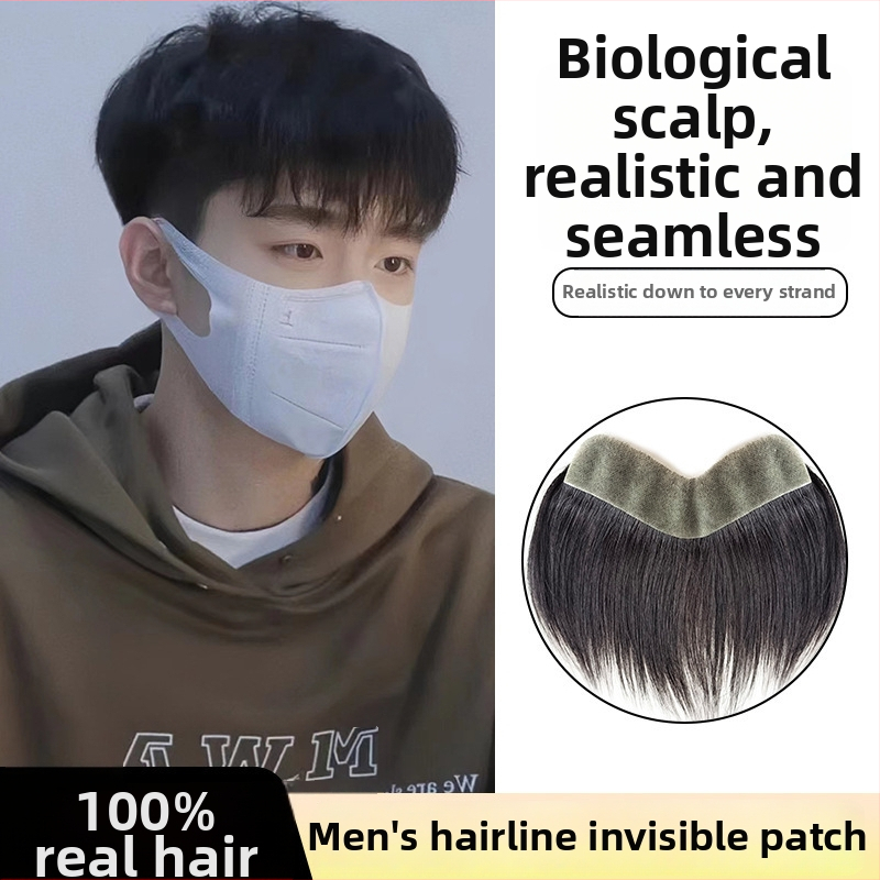 Férfi hajvonal paróka valós emberi hajból, teljesen kézzel készített, M-formájú homlok, egyenes vagy ferde frufru