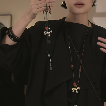 Colier handmade cu mărgele în formă de ponei, design retro minimalist, lanț de pulover obișnuit, material cupru, circumferința 81 cm sau mai mult