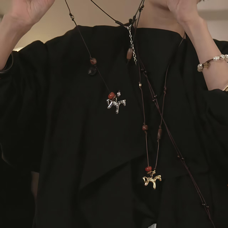 Colier handmade cu mărgele în formă de ponei, design retro minimalist, lanț de pulover obișnuit, material cupru, circumferința 81 cm sau mai mult