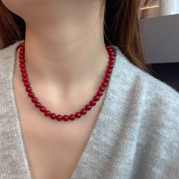 Colier cu mărgele cinnabar, pandantiv din argint 925, lanț cu bile, realizat manual, design geometric