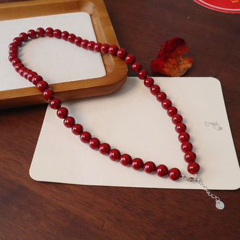 Colier cu mărgele cinnabar, pandantiv din argint 925, lanț cu bile, realizat manual, design geometric