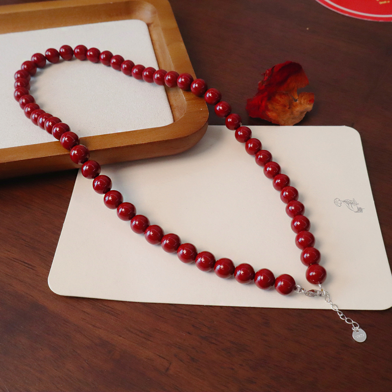 Colier cu mărgele cinnabar, pandantiv din argint 925, lanț cu bile, realizat manual, design geometric