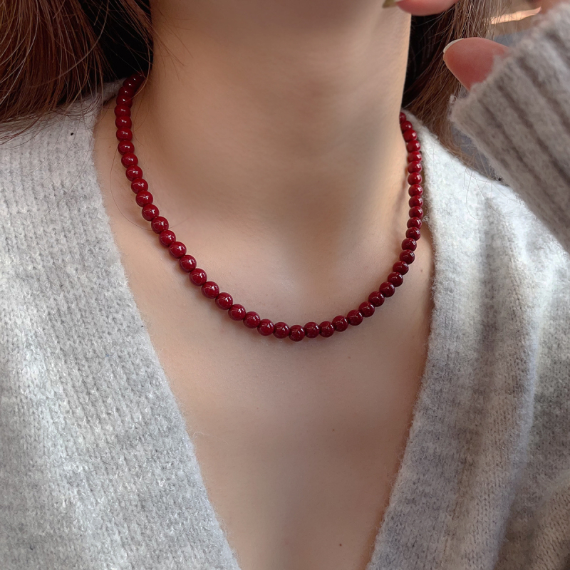 Colier cu mărgele cinnabar, pandantiv din argint 925, lanț cu bile, realizat manual, design geometric