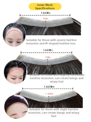 Valódi emberi hajból készült paróka frufruval és hajvonal-sávval — nőknek, kézzel készített, a frufru lehet egyenes vagy ferde, hozzájárul a homlok körüli volumenhez