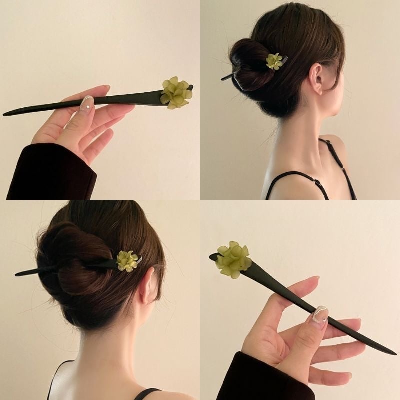 Clip de păr din lemn, cu floare de camelia, stil natural, inspirat Hanfu, accesorii pentru cap, personalizare disponibilă