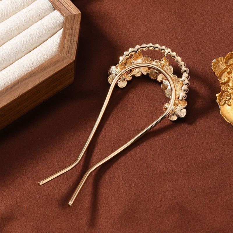 Ötvözetből készült hajtű, virág alakú, U-formájú dizájn, gyöngy részlet – retro Hanfu női hajékszer