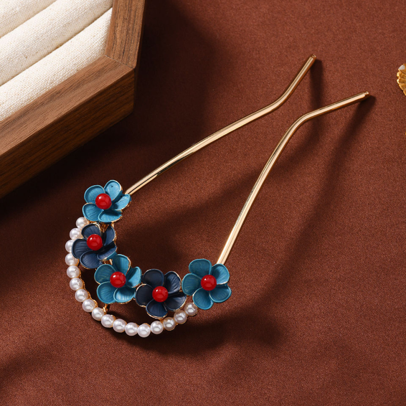 Ötvözetből készült hajtű, virág alakú, U-formájú dizájn, gyöngy részlet – retro Hanfu női hajékszer