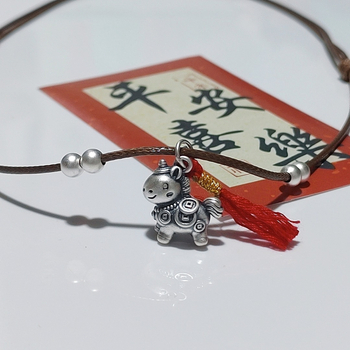 Colier din argint 999, stil chinezesc, tricotat manual, formă animale/zodiac, lanț din ață cerată