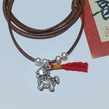 Colier din argint 999, stil chinezesc, tricotat manual, formă animale/zodiac, lanț din ață cerată