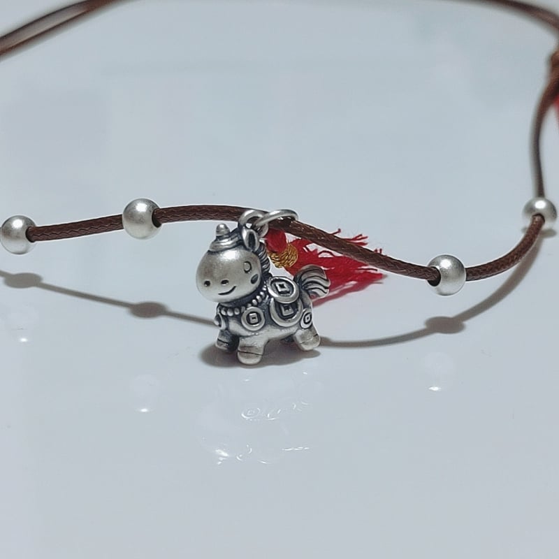 Colier din argint 999, stil chinezesc, tricotat manual, formă animale/zodiac, lanț din ață cerată