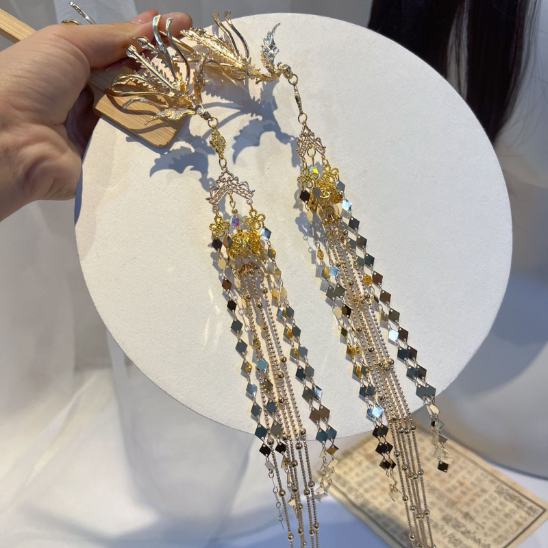 Főnix hajtű bojtokkal – Vintage Hanfu fejfedő kiegészítő, ötvözet, gravírozott szöveg, egyedileg csomagolva