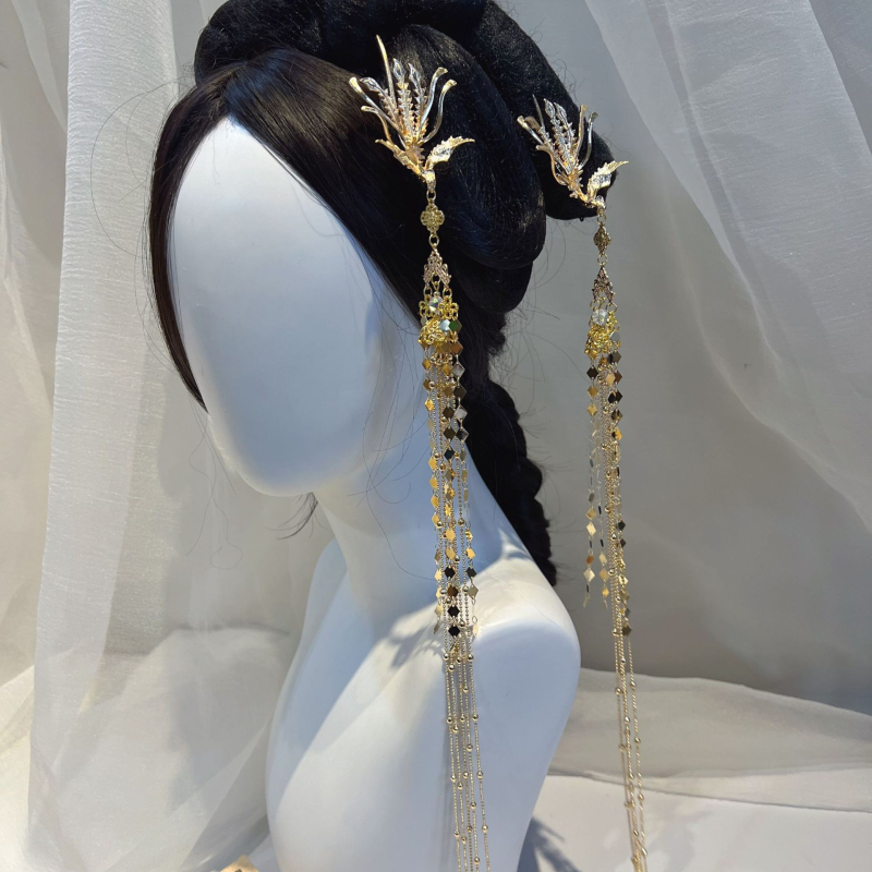 Főnix hajtű bojtokkal – Vintage Hanfu fejfedő kiegészítő, ötvözet, gravírozott szöveg, egyedileg csomagolva