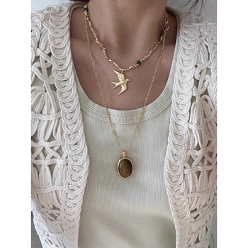 Colier cu piatră ochi de tigru, pandantiv în formă de pasăre, lanț regulat, stil lux ușor