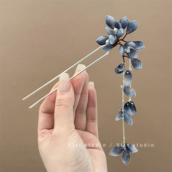 Agrafă de păr cu petale în nuanțe gradient și ciucuri de sticlă, lucrată manual; Material: aliaj; Stil: Noul stil chinezesc; Formă: Floare; Tehnică de prelucrare: Manual