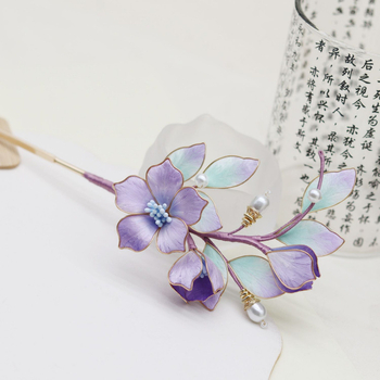 Agrafă de păr cu floare de mătase și ornament din cupru, stil Chinezesc (material: mătase; stil: Chinezesc; categorie: accesorii pentru cap; sezon: Vară 2021)