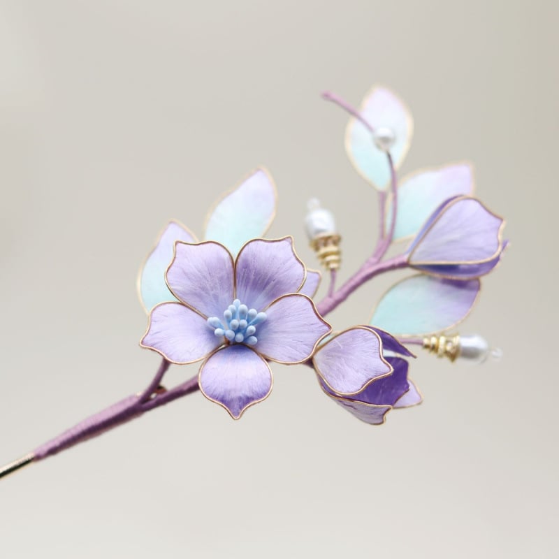 Agrafă de păr cu floare de mătase și ornament din cupru, stil Chinezesc (material: mătase; stil: Chinezesc; categorie: accesorii pentru cap; sezon: Vară 2021)