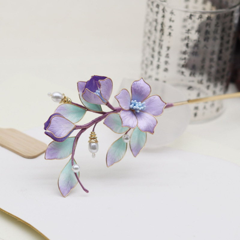 Agrafă de păr cu floare de mătase și ornament din cupru, stil Chinezesc (material: mătase; stil: Chinezesc; categorie: accesorii pentru cap; sezon: Vară 2021)