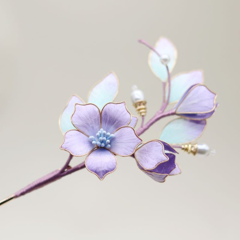 Agrafă de păr cu floare de mătase și ornament din cupru, stil Chinezesc (material: mătase; stil: Chinezesc; categorie: accesorii pentru cap; sezon: Vară 2021)