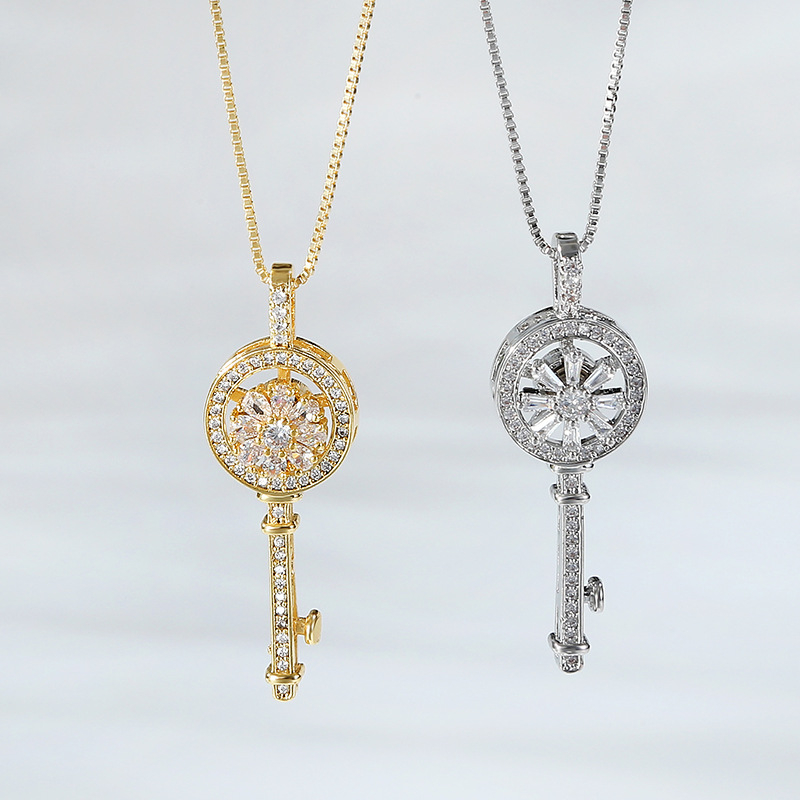 Colier cu pandantiv cheie rotativ în formă de floare, din cupru placat electroplatinat cu zirconiu, lanț box