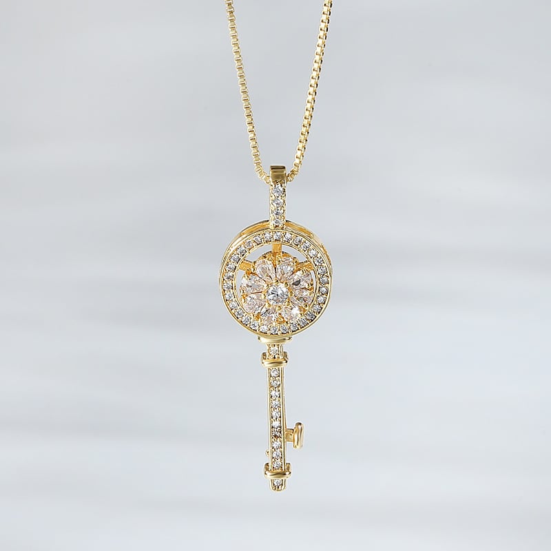 Colier cu pandantiv cheie rotativ în formă de floare, din cupru placat electroplatinat cu zirconiu, lanț box