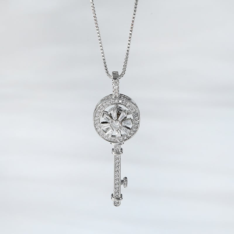 Colier cu pandantiv cheie rotativ în formă de floare, din cupru placat electroplatinat cu zirconiu, lanț box