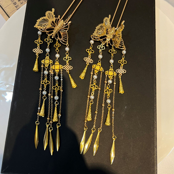 Fém hajcsat Hanfu stílusban, pillangó és tassel – vintage
